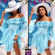 Solid Off Shoulder Long Sleeve Puffy Dress, Bohemian Loose Ruffled Hem Beach Dress, Women's Clothing Chic Chiffon Dresses For Summer Parties, Light Blue Long Sleeve Mini Dress For Summer, Long Sleeve Light Blue Mini Dress For Summer, Summer Chiffon Off-shoulder Dress, Off-shoulder Chiffon Beach Dress, Blue Chiffon Summer Mini Dress, Blue Chiffon Mini Dress For Summer, Flowy Mini Dress For Brunch Beachwear, Flowy Beachwear Mini Dress For Brunch