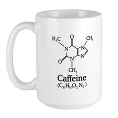 caffeine coffee mug with the word caffeine written in black on it