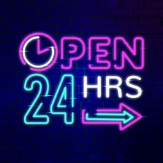 neon open 24 hrs sign with arrow pointing to the right on a brick wall