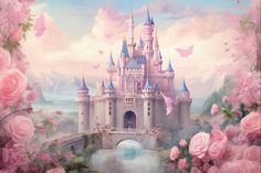 the castle is surrounded by pink flowers and butterflies