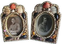 two framed pictures with shells and seashells on them, one has a woman's face in the middle