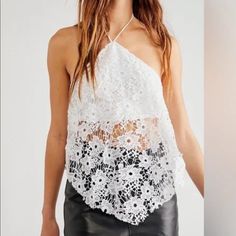 Free People Seychelle Lace Top Ivory Halter Sz Xs So Cool And Classic, This Forever Essential Halter Top Is Featured In A Lovely Lace Fabrication With Sheer Bottom Piecing For Added Dimension Back Clasp Closure Pointed Bottom Gem Exposed Back Detail Off White Summer Party Tops, Spring Off White Lace Top, Lace Halter Top, Free People Blouse, Floral Lace Tops, Red Tank Tops, Latest Tops, Flowy Tank Tops, Casual Summer Tops