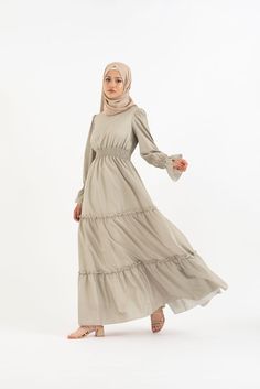 Flowy Long Dress, Almond Color, Flowy Dress Long, Dress Abaya, Apostolic Fashion, Long Sleeved Dress, Modest Dress, Stylish Dress Book, Empire Dress