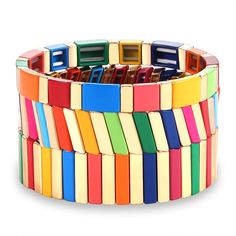 PRICES MAY VARY. 【ENAMEL TILE BRACELET】 —Bring a burst of color to your favorite outfits with this uniquely designed Stackable bracelet set. they're strung with rainbow-hued and gold-tone beads on elasticated bands ,that’s just begging for a night on the town. Whether with a little black dress or your sleekest separates, we just know you’ll reach for this piece again and again. 【COMFORTABLE TO WEAR 】 —This stylish rainbow stretch bracelet is the perfect way to add a beautiful detail to your favo Rainbow Tile, Tile Bracelet, Multicolor Bracelet, Lucky Gifts, Stackable Bangles, Silver Bracelets For Women, Lucky Bracelet, Beads Bracelets, Protection Bracelet