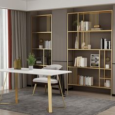 a white table with gold legs in front of a bookshelf filled with books