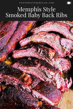 barbecue ribs on a cutting board with text overlay that reads, men's style smoked baby back ribs