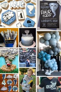 a collage of photos with blue and white decorations, balloons, cookies, and other items