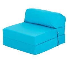 a blue chair that is sitting up against a white background