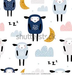 seamless pattern with sheep and moon on white background