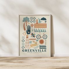 a poster with the words greenville on it and images of various things in front of it