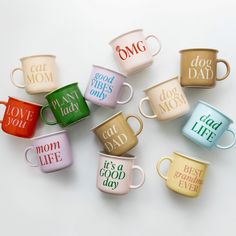 six different colored coffee mugs that say it's a good day