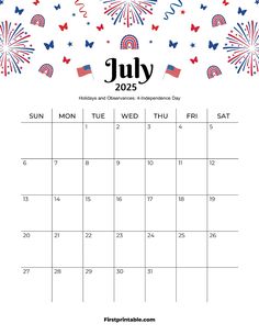 the july calendar with fireworks and stars on it, in red white and blue colors