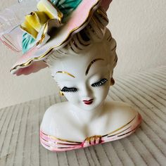 Vintage 50's Porcelain Lady Head Vase with Pink Hat MINT The flowers and stuff in her hat can be removed. Lefton Pink and Gold Dress & Hat Yellow Rose Eyelashes Bumper Bangs Lady Head Vases Vintage, Lady Head Vases, Bumper Bangs, Pink And Gold Dress, Head Vases, Glass Shoes, White Whale, Dress Hat, Head Vase