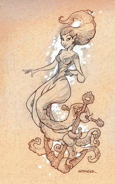 a drawing of a mermaid with an octopus on it's back and her tail curled up