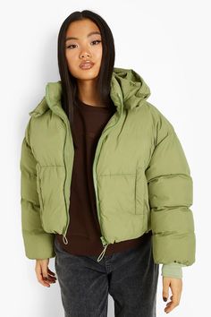 Petite Hooded Oversized Crop Puffer | boohoo Petite Coats, Duster Coats, Plastic Raincoat, Faux Fur Coats, Petite Coat, Fall Inspo, Petite Jacket, Summer Jacket, Fur Coats