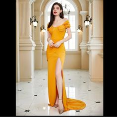 Split Thigh Floor Length Dress, Elegant Off Shoulder Evening Party Dress. Elegant Yellow Dresses For Party Season, Elegant Yellow Dress For Party Season, Elegant Yellow Party Season Dress, Yellow Formal Dress For Party Season, Yellow Maxi Length Evening Dress For Party, Elegant Yellow Evening Dress For Party, Yellow Evening Dress For Prom Season Party, Yellow Evening Dress For Party During Prom Season, Formal Fitted Yellow Evening Dress