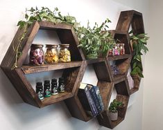 three wooden shelves with plants and jars on them, hanging from the wall next to each other