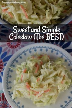 two plates filled with coleslaw on top of a table