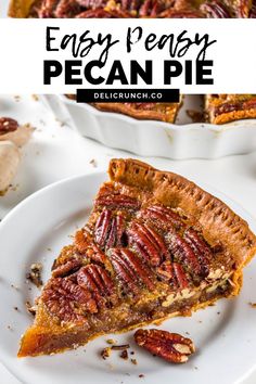 pecan pie on a white plate with text overlay