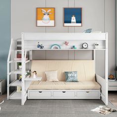 a white bunk bed with a futon underneath it