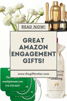 there is a sign that says great amazon engagement gifts with flowers in the bag and other items