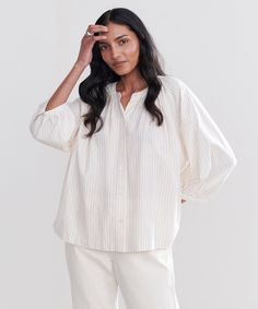 Willow Blouse Putty Stripe Equally relaxed and elegant, this essential is suited for an array of seasonal outings. Wear it tucked in for a boxy style moment or untucked for an effortlessly floaty silhouette. 88% cotton, 12% linen. Made in China. Lightweight blouse with a slightly boxy fit. | Jenni Kayne Women's Willow Blouse Size Small Chic Shirt For Daywear With Relaxed Fit, Chic Relaxed Fit Shirt For Daywear, Effortless Fall Daywear Blouse, Classic Blouse With Blouson Sleeves Relaxed Fit, Classic Blouse With Blouson Sleeves And Relaxed Fit, Classic Blouse With Blouson Sleeves, Versatile Daywear Blouse With Relaxed Fit, Relaxed Blouse For Spring Workwear, Relaxed Spring Workwear Blouse