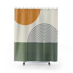 a shower curtain with an abstract design on the front and back of it, featuring circles