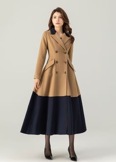 "FEATURES 50% wool, 50% wool blend Fully liner with polyester Two side pockets Lapel collar Long sleeve Button closure in front Double breasted coat Patchwork coat For Winter, Autumn dry clean ★★Mode size Height 170cm (5′ 7″)  Bust 84 cm (33\")  Waist 66 cm (26\")  She wears size XS. ★★Bespoke Order Service If you Request other color Request the length Your height is not between 155 cm- 175 cm Your weight is not between 47 kg -77 kg I can do it for you, It will need some extra fee depending on o Elegant Patchwork Outerwear For Fall, Fitted Beige Patchwork Outerwear, Fall Patchwork Outerwear For Office, Tailored Beige Wool Coat With Long Sleeves, Beige Wool Coat For Winter Tailoring, Long Sleeve Patchwork Outerwear For Office, Patchwork Long Sleeve Outerwear For Office, Brown Wool Outerwear With Patchwork, Brown Wool Patchwork Outerwear