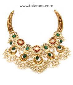 22 Karat Gold 'Chand Bali' Necklace With Cz, Color Stones, Onyx Stones , Beads  & Pearls (Temple Jewellery) - 235-GN4629 - in 56.000 Grams for USD $4085.79. 
Made in India by Totaram Jewelers Online this product is in Gold - 22 Karat BIS Hallmark 916 KDM Gold  & is an excellent gift for Adult - Women. Ships fully insured with secured guaranteed delivery for free with your order over $250 from New Jersey USA & comes with 30 days exchange policy. Traditional 22k Gold Kundan Necklace For Reception, Heavy Kundan Necklace In 22k Gold For Reception, 22k Gold Kundan Necklace For Reception, 22k Gold Kundan Necklace For Reception In Temple Style, 22k Gold Temple Jewelry Kundan Necklace For Reception, Heavy 22k Gold Kundan Necklace For Receptions, 22k Gold Temple Jewelry Bridal Necklace For Reception, 22k Gold Bridal Necklace With Stone Work For Celebration, Traditional 22k Gold Necklaces For Receptions