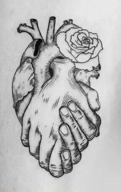 a drawing of two hands holding a heart with a rose on it's side