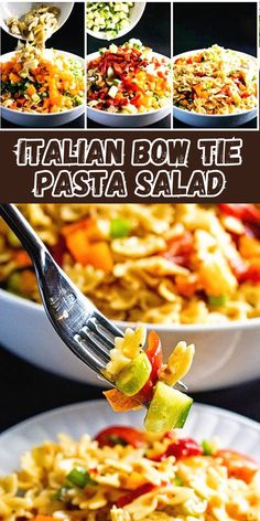 the pasta salad is being served on a fork with different toppings and ingredients to make it