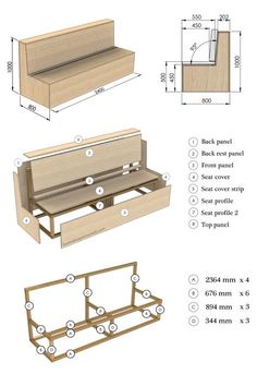 the plans for a bench with storage compartments and drawers are shown in three different sizes