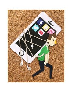 a paper cut out of a man walking next to an iphone with headphones on it