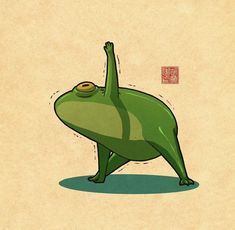 an illustration of a green frog with a coin in its mouth, standing on one leg