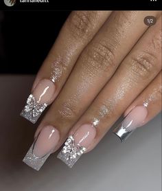 Nails Black Pink, Silver Acrylic Nails, Prom Nails Silver, Wave Nails, Long Press On Nails, Silver Nails, Stick On Nails, Square Acrylic Nails, Prom Nails