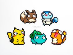 four pixellated images of different types of pokemon and pikachu characters on white background