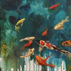 a painting of many different colored fish in the water