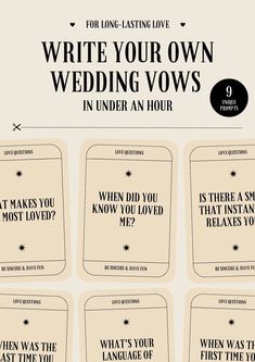 four different types of wedding vows with the words write your own wedding vows in under an hour