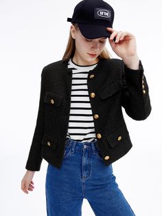 Cropped Collarless Tweed Jacket | Urlazh – Urlazh New York Black Outer Outfit, Black Tweed Jacket Outfit, Cropped Blazer Outfit, Tweed Outfits, Outer Outfit, Black Jacket Outfit, Tweed Jacket Outfit, Black Cropped Jacket, Black Tweed Jacket