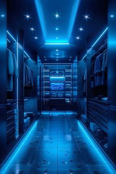 an empty walk in closet with blue lighting