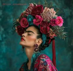 a woman with flowers in her hair wearing a red dress and headdress, against a teal background