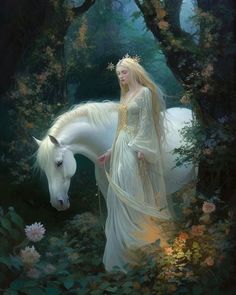 a painting of a white horse with a woman standing next to it in the woods