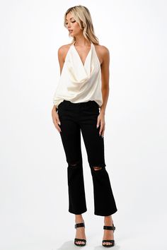 Ivory Satin Halter Top with a cowl neckline and fully adjustable straps for complete coverage. A simple way to add a sophisticated piece to your wardrobe. Blowout Sale, Cowl Neckline, Pair Of Pants, Simple Way, Neck Designs, Halter Top, Cowl Neck, Shoe Collection, Clothes For Sale