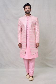 Pink sherwani with geometric embroidery and attached inner kurta. Paired with a trouser. - Aza Fashions Pink Sherwani, Embroidery Geometric, Geometric Embroidery, Pink Men, Silk Embroidery, Pink Art, Aza Fashion, Full Sleeve, Stand Collar