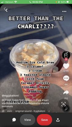 someone holding up a cup of ice cream with the text, better than the charlie??