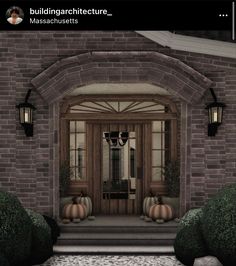 an image of a front door with pumpkins on the steps