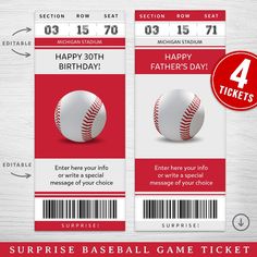 a ticket for a baseball game with the number four on it and an image of a ball