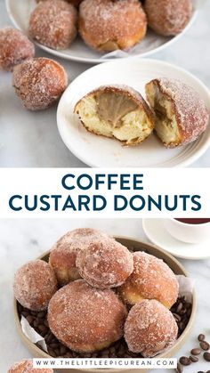 filled donuts being served with text overlay coffee custard donuts.