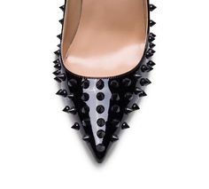 Make a statement in Spikes Pink Sole High Heel Pumps! These stylish and sexy shoes feature a bold pink sole, spikes for added flair, and a comfortable heel height. Whether you're dressing up for a night out or a day at the office, these shoes will make you stand out from the crowd. Genuine leather upper and insole; rubber outsole Point toe Spikes all over the shoes Pink sole 4" heel (10 cm, approximately) Punk Style Patent Leather Party Heels, Punk Patent Leather Heels For Party, Chic High Heels With Rivets, Edgy Studded Evening Heels, Punk Style Pointed Toe Heels For Formal Occasions, Edgy Studded Heels For Evening, Edgy Spiked Heels For Formal Occasions, Chic Heels With Rivets For Party, Edgy Spiked Heels For Night Out