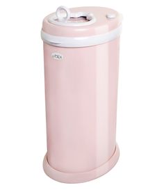 a pink trash can with white lid